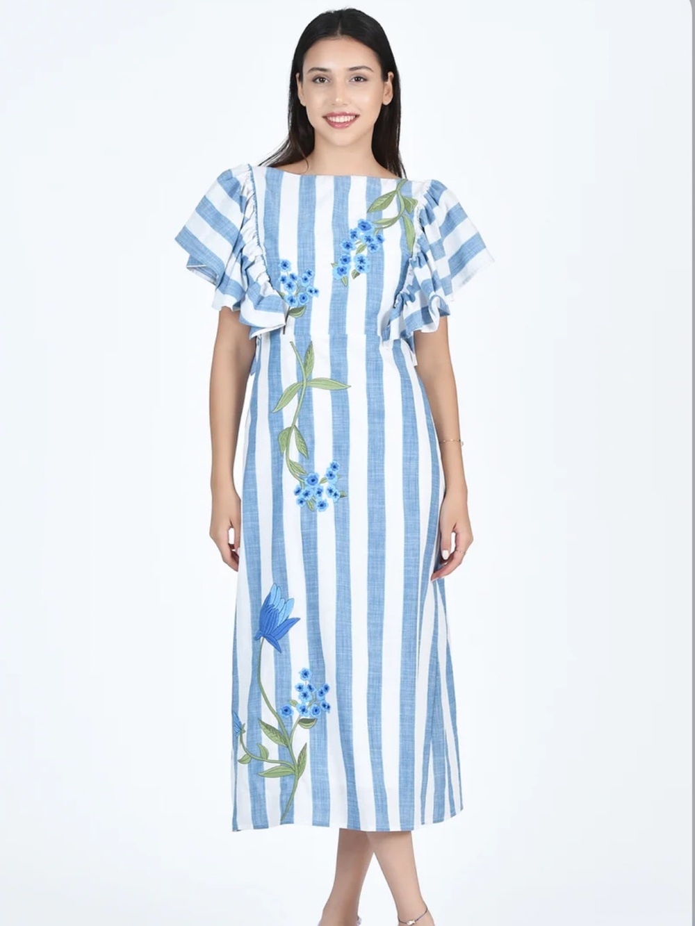 Fanm Mon Valeria Midi Dress XL 100% Cotton Embroidered Feminine Ruffle Sleeve
